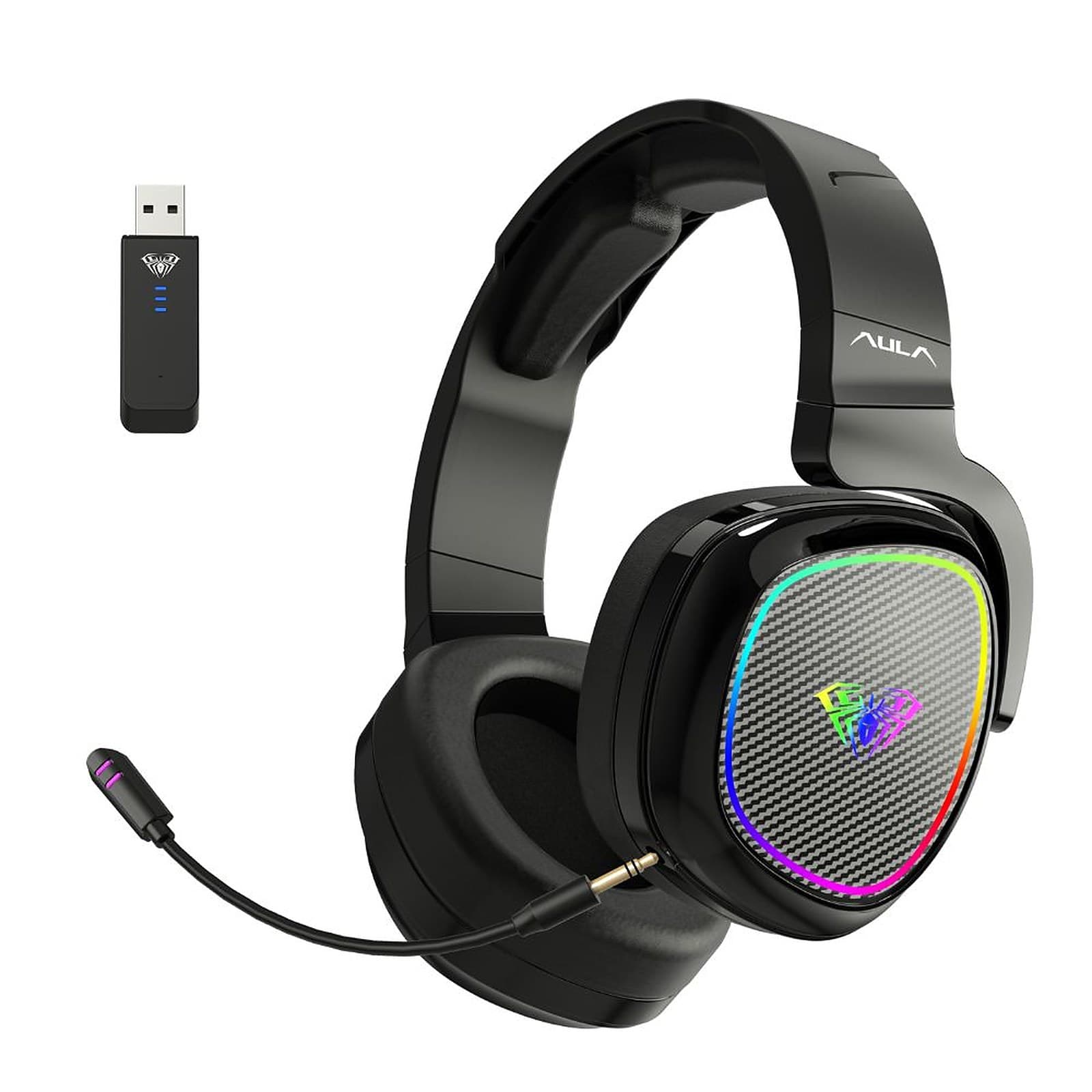 AULA F608 RGB Gaming Headset 3 in 1 Bluetooth Wireless Wired 2.4G with Detachable Mic for PC, Phone, Tablet, XBox, PS, Tesla, Black