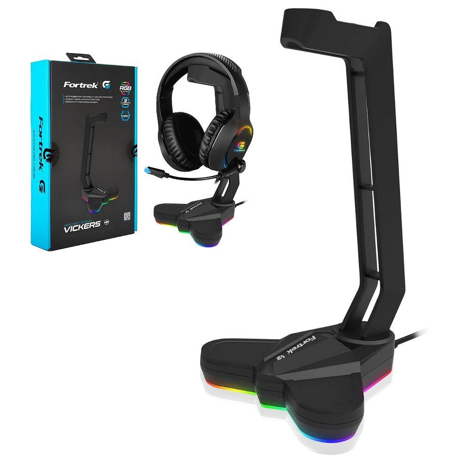 Fortrek Vickers Gaming Headset Support Stand Hanger with RGB, Headphone Holder for Display, Storage, Black