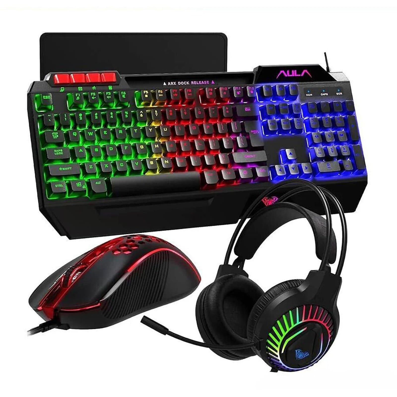 AULA T650 Gaming Keyboard Mouse Headset and Mousepad Combo Set Bundle, RGB USB Wired Keyboard, Mouse, Headphones for PC