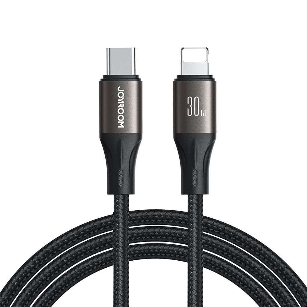 Joyroom Light Speed USB Type-C to Lightning 30W Fast Charging and Data Cable, Nylon Braided Charger for iPhone, iPad, 1.2m, Black