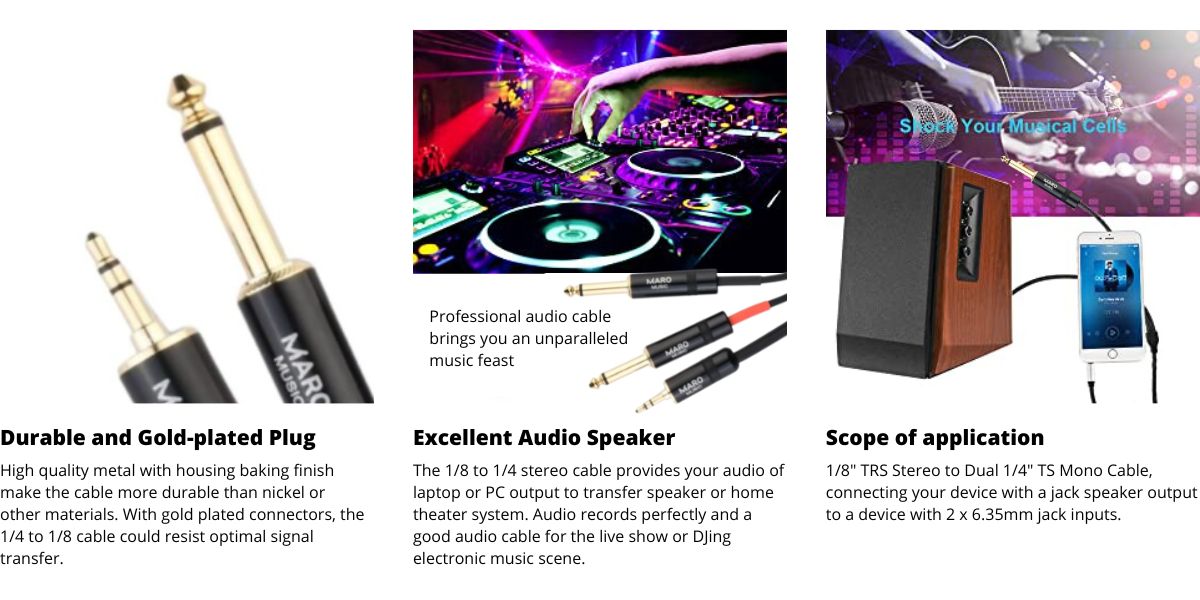 3.5mm 18″ TRS to Dual 6.35mm 14″ TS Mono Y Cable Splitter Cord 3