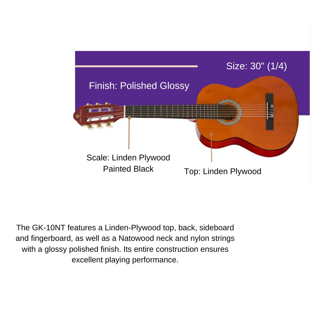 Harmonics GK-10NT Kids Acoustic Guitar for Children, Nylon Guitar Musical Instrument for Young Musicians 1/4 Size, Natural - Image 7