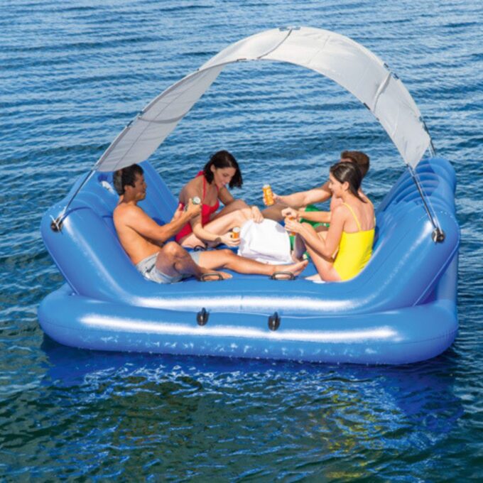 Inflatable Floating Island Lounger with Sunshade, Floating Island Pool Water Float with Sound Bar and Cup Holder - Image 7