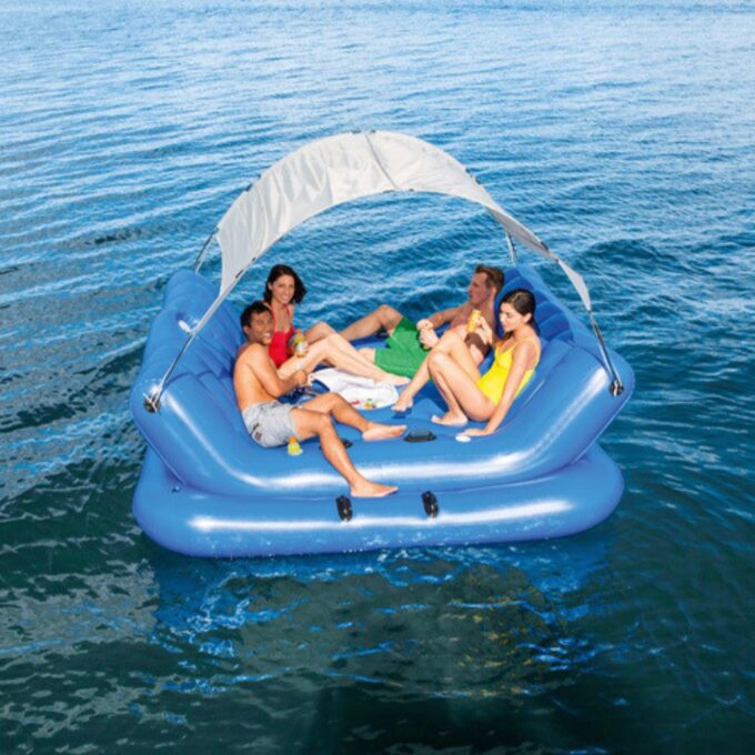 Inflatable Floating Island Lounger with Sunshade, Floating Island Pool Water Float with Sound Bar and Cup Holder - Image 3