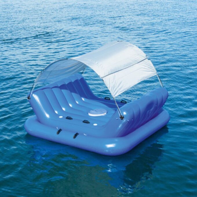 Inflatable Floating Island Lounger with Sunshade, Floating Island Pool Water Float with Sound Bar and Cup Holder - Image 4