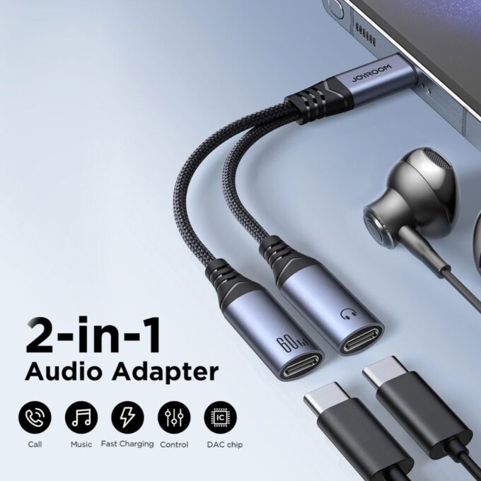Joyroom SY-C03 2-in-1 USB-C Audio Adapter, Dual USB Type C Ports for Fast Charging, iPhone 15/ 16, Android, Black - Image 2