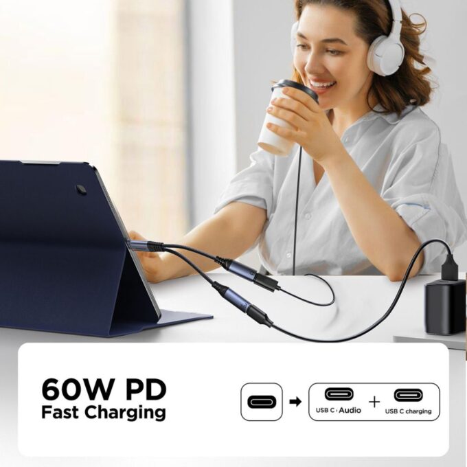 Joyroom SY-C03 2-in-1 USB-C Audio Adapter, Dual USB Type C Ports for Fast Charging, iPhone 15/ 16, Android, Black - Image 3