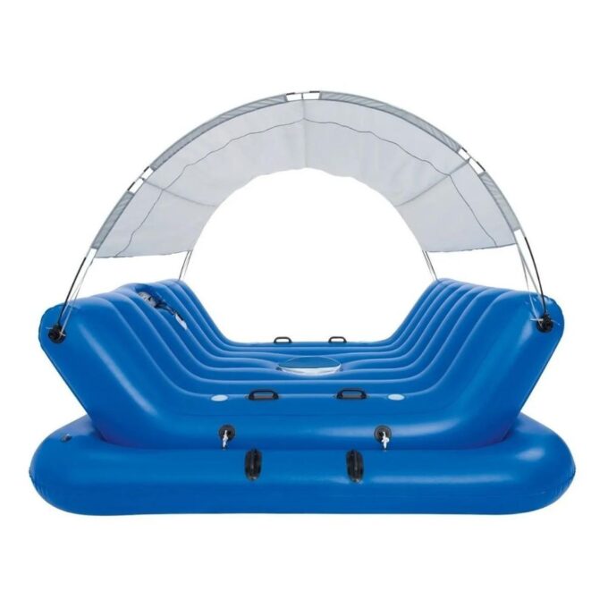 Inflatable Floating Island Lounger with Sunshade, Floating Island Pool Water Float with Sound Bar and Cup Holder - Image 2