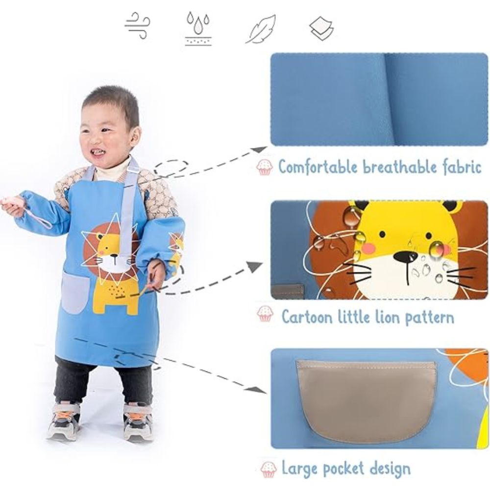 Waterproof Lion Kids Painting Apron, Toddler Art Smock Children Apron for Painting, Cooking, Baking, Blue, Medium - Image 7