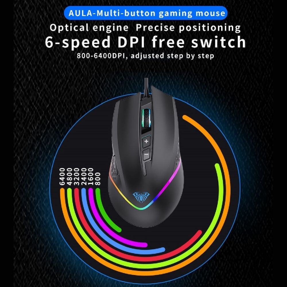 AULA F805 Wired Gaming Mouse, 7 Keys, Up to 6400 DPI, Chroma Breathing Backlight, Ergonomic Optical Mouse for PC Gamers, Black - Image 5