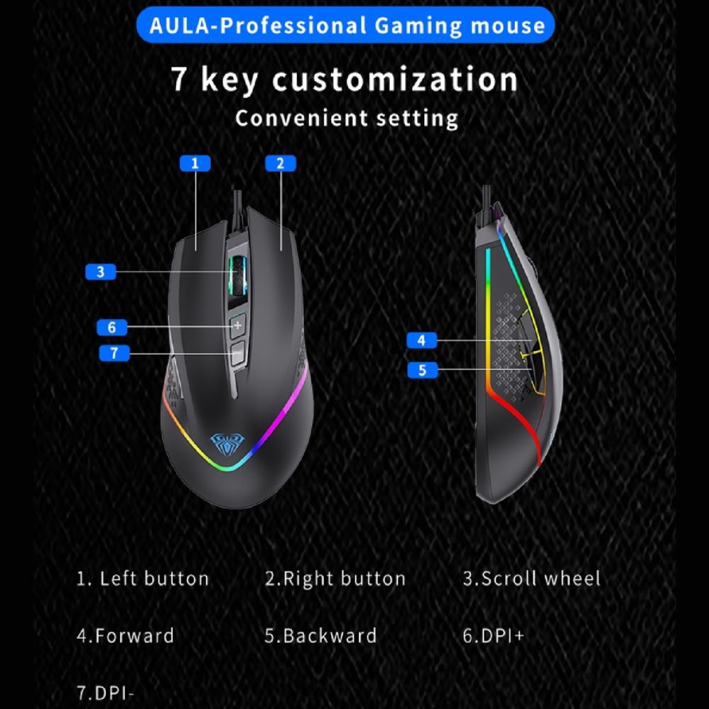 AULA F805 Wired Gaming Mouse, 7 Keys, Up to 6400 DPI, Chroma Breathing Backlight, Ergonomic Optical Mouse for PC Gamers, Black - Image 6