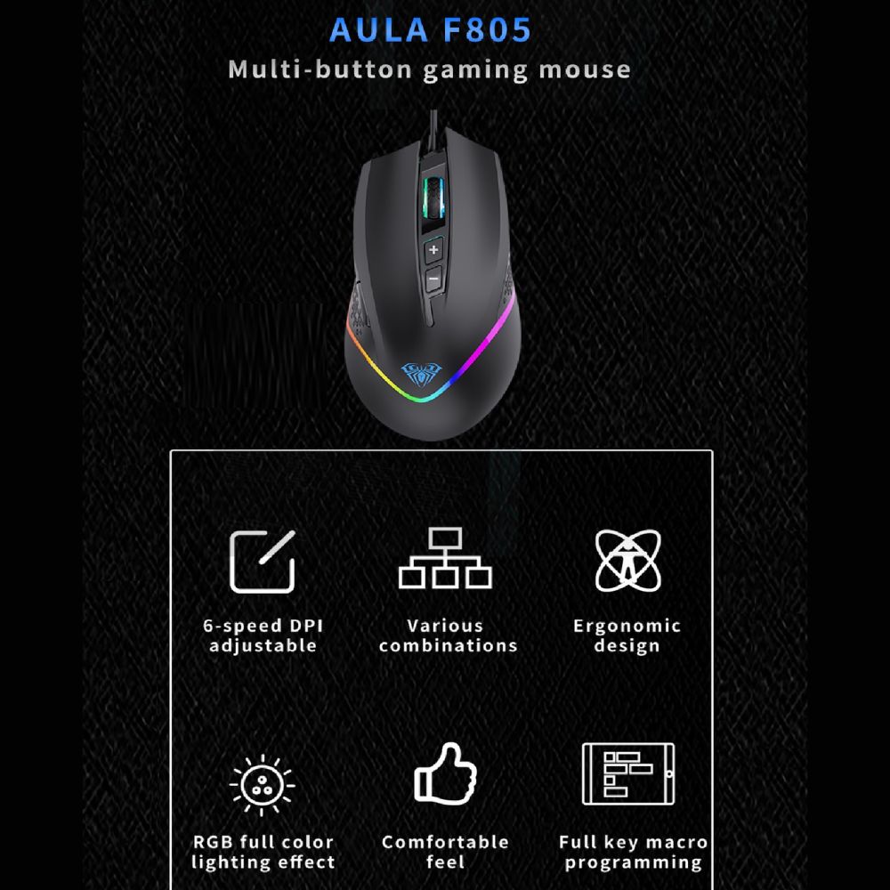 AULA F805 Wired Gaming Mouse, 7 Keys, Up to 6400 DPI, Chroma Breathing Backlight, Ergonomic Optical Mouse for PC Gamers, Black - Image 8