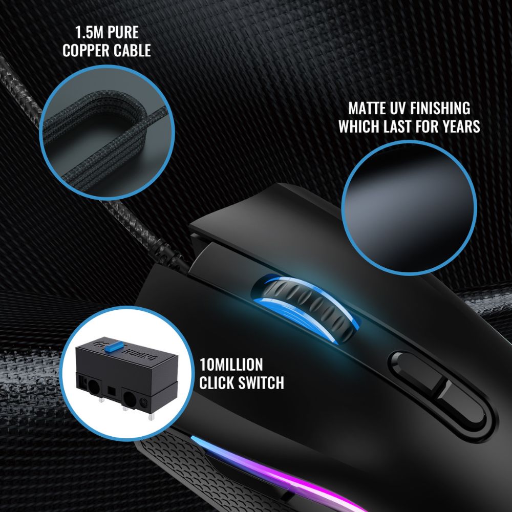 Snaketh RGB Gaming Mouse, Wired 6400 DPI Optical USB Mouse with Huano 10M Click Switches, Pure Copper Cable, White - Image 2