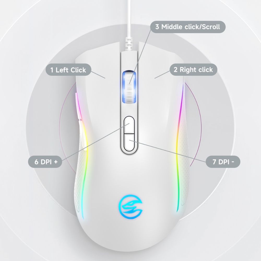 Snaketh RGB Gaming Mouse, Wired 6400 DPI Optical USB Mouse with Huano 10M Click Switches, Pure Copper Cable, White - Image 3