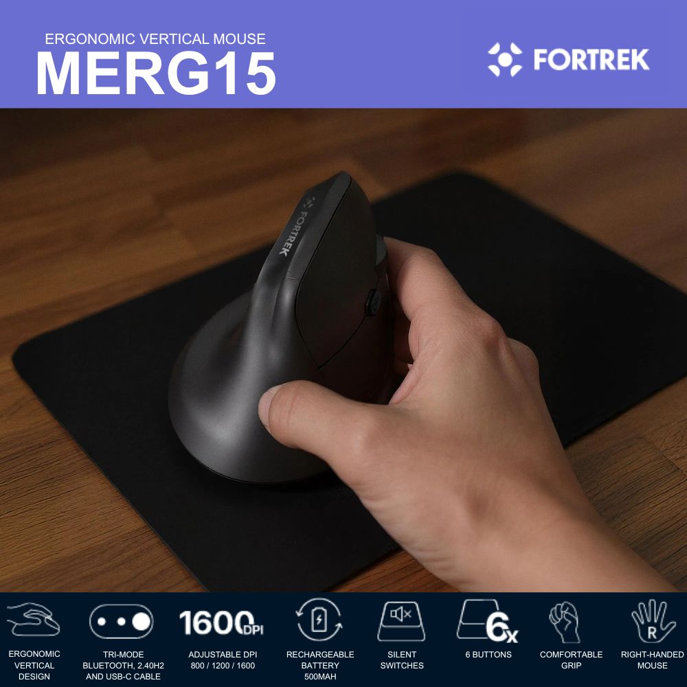 Fortrek MERG15 Ergonomic Wireless Vertical Mouse Rechargeable Bluetooth, 2.4GHz Silent Click, 6 Button, Adjustable DPI, Black - Image 5