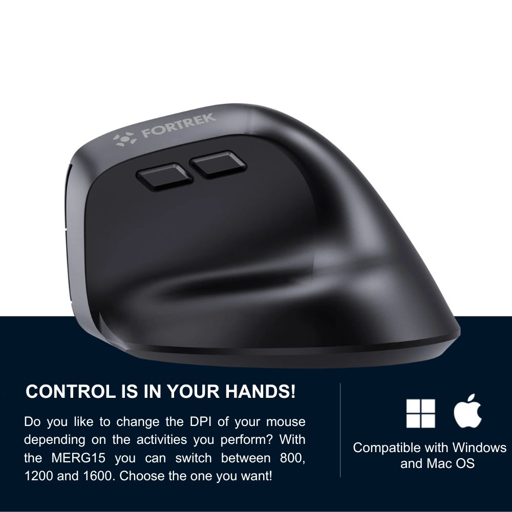 Fortrek MERG15 Ergonomic Wireless Vertical Mouse Rechargeable Bluetooth, 2.4GHz Silent Click, 6 Button, Adjustable DPI, Black - Image 2