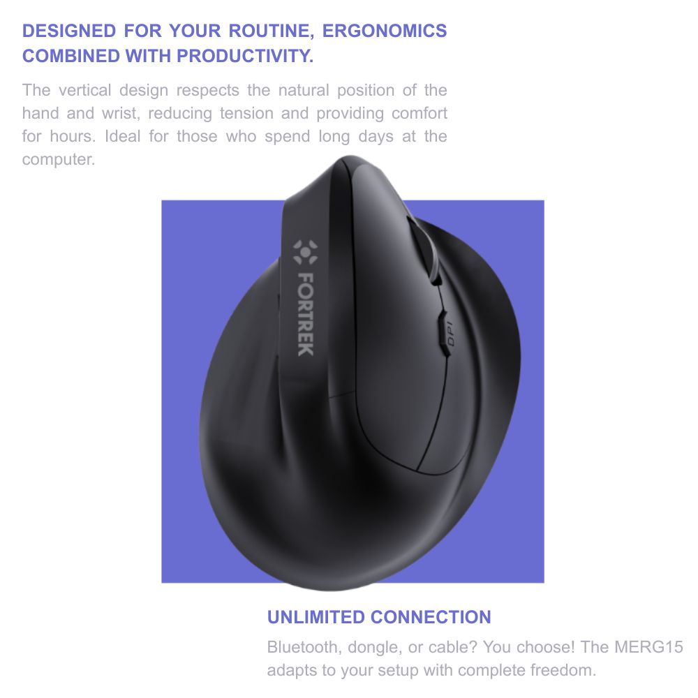 Fortrek MERG15 Ergonomic Wireless Vertical Mouse Rechargeable Bluetooth, 2.4GHz Silent Click, 6 Button, Adjustable DPI, Black - Image 3