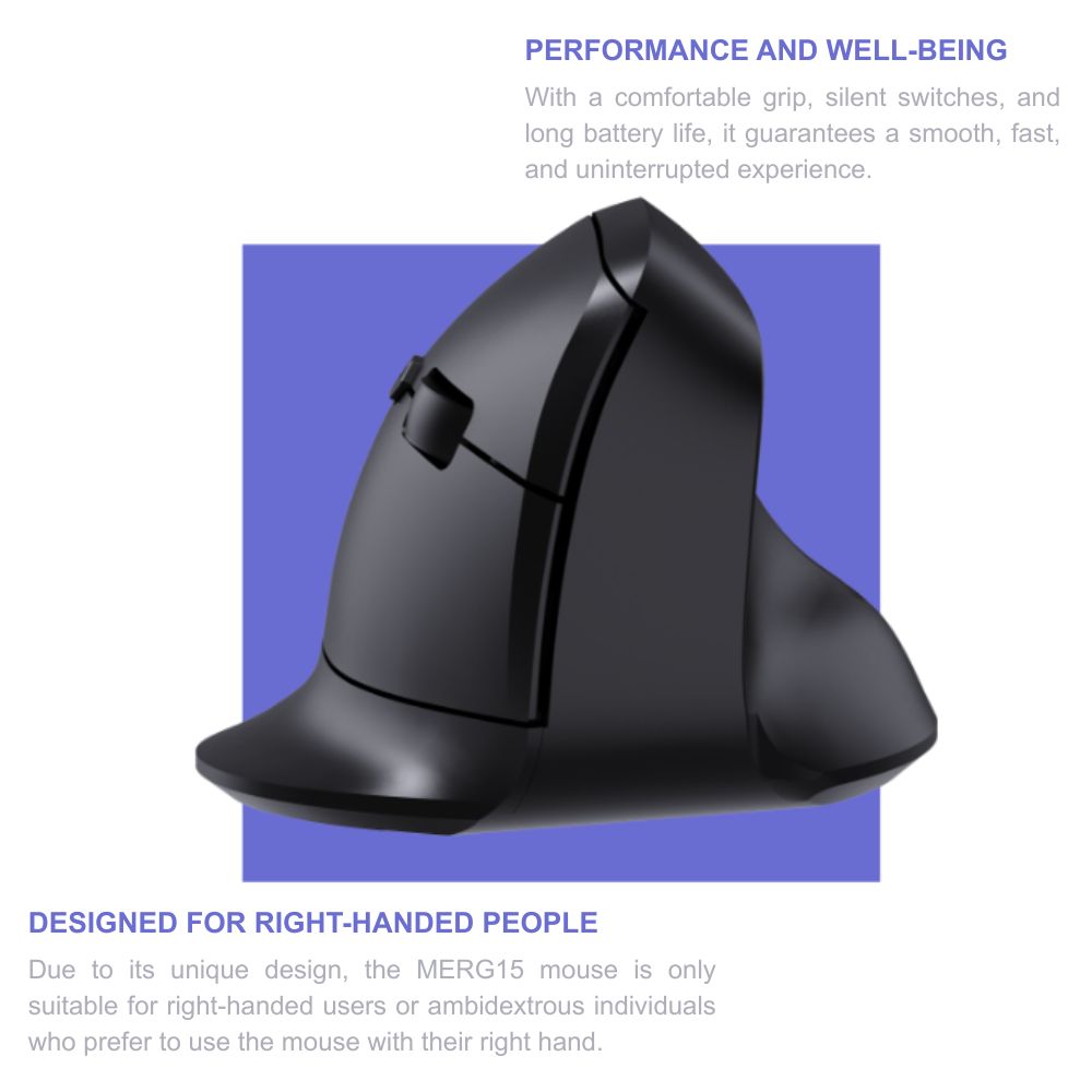 Fortrek MERG15 Ergonomic Wireless Vertical Mouse Rechargeable Bluetooth, 2.4GHz Silent Click, 6 Button, Adjustable DPI, Black - Image 4